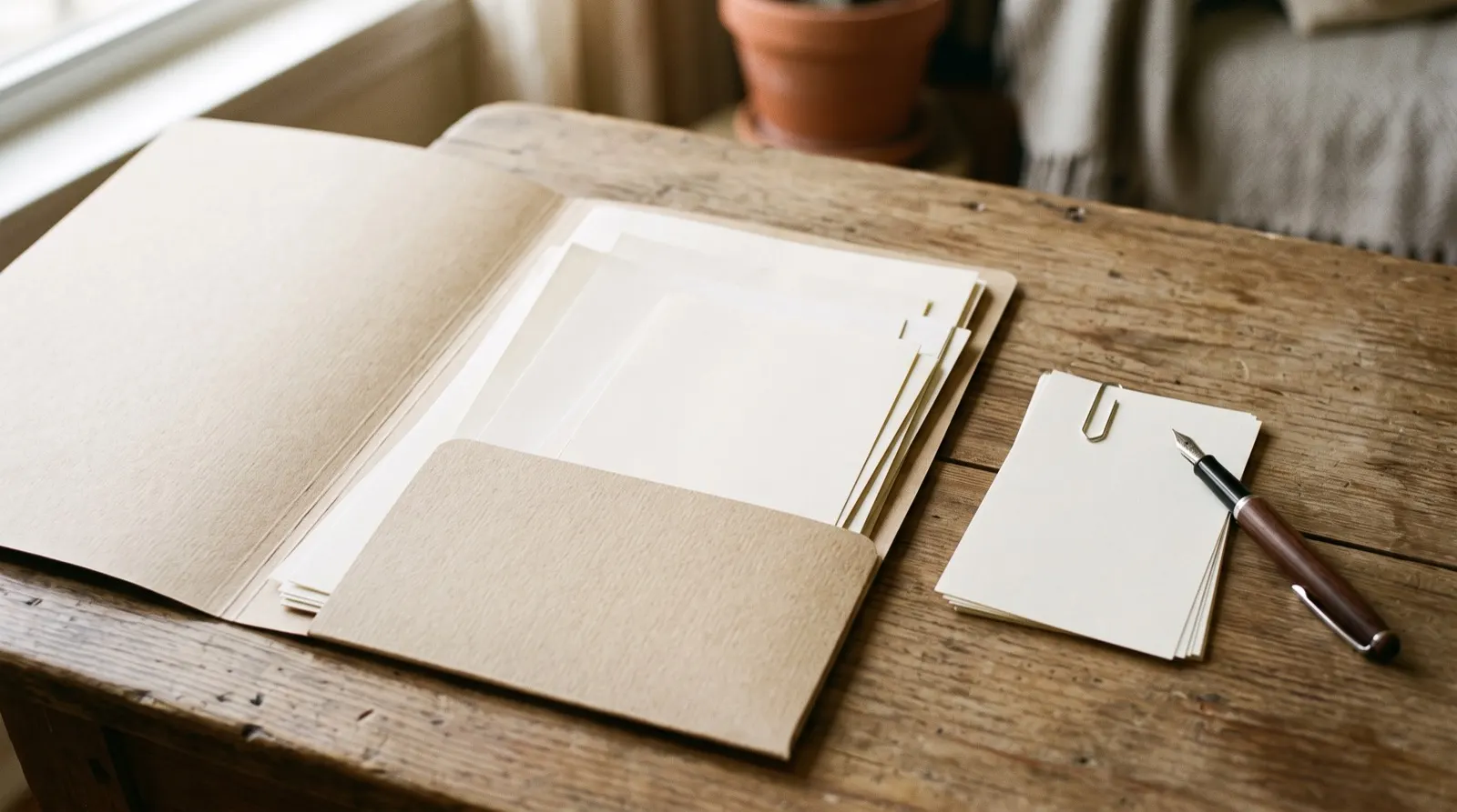 Carpeta con comprobantes y resúmenes ordenados sobre una mesa