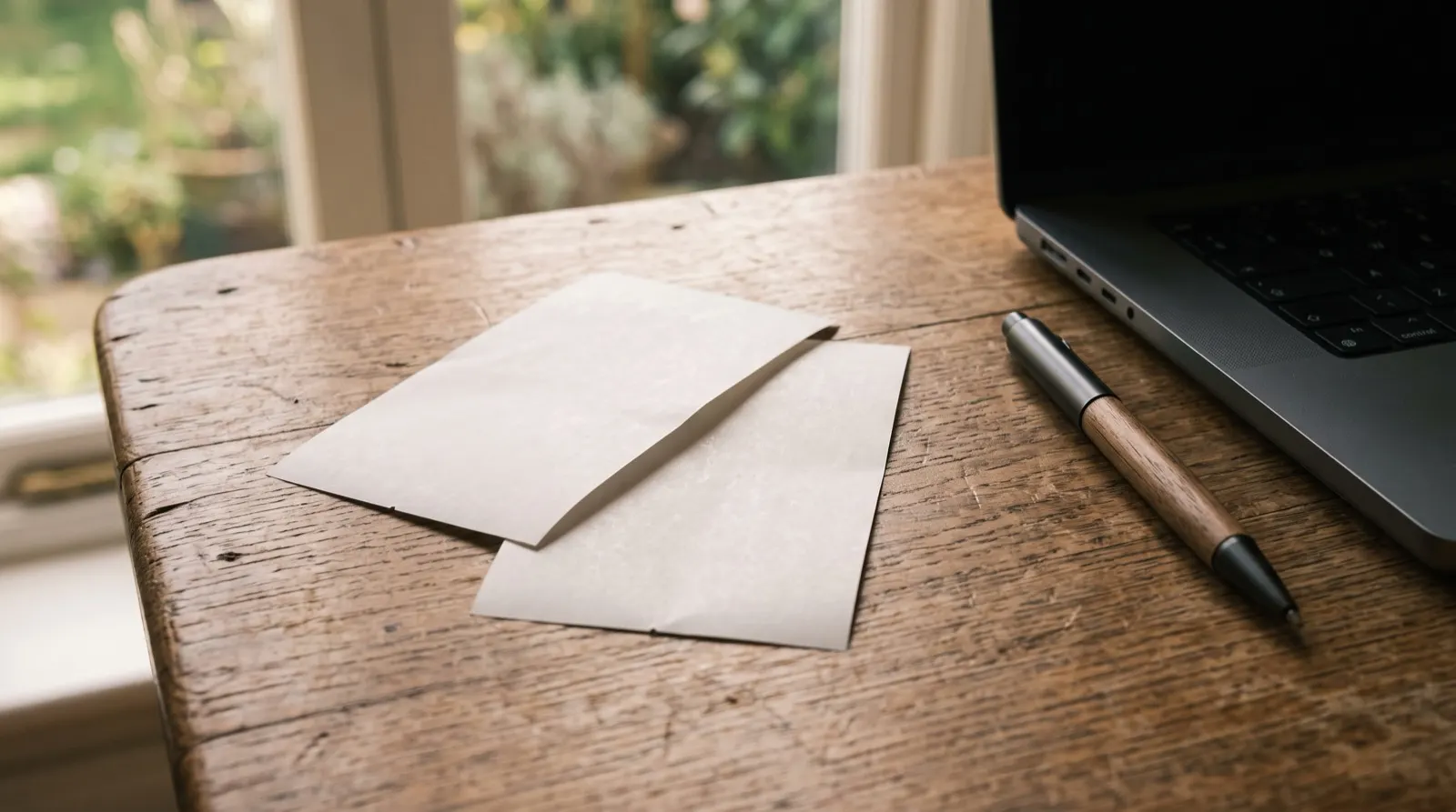 Comprobantes y anotaciones sobre un escritorio junto a una laptop