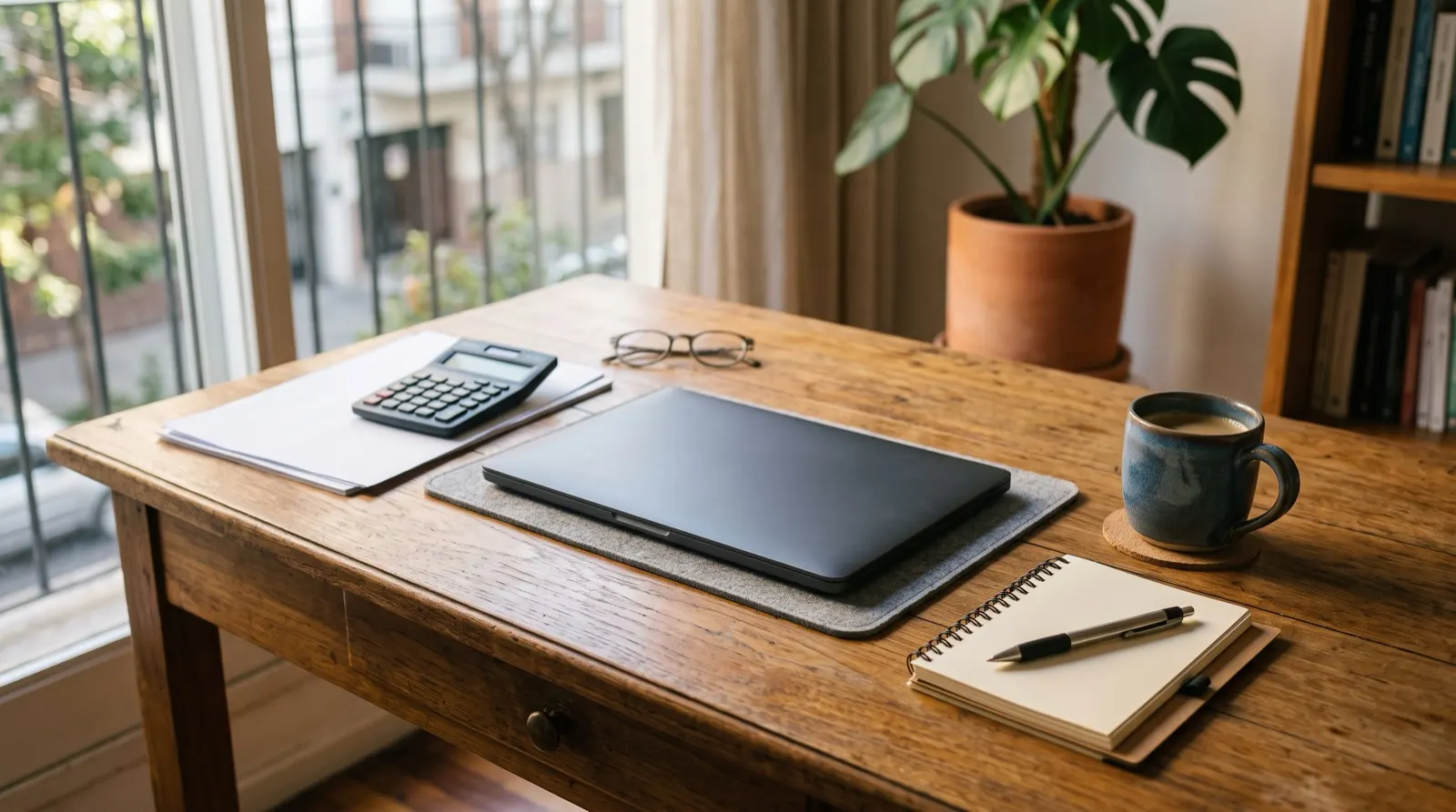 Escritorio con documentación y calculadora en un espacio de trabajo hogareño