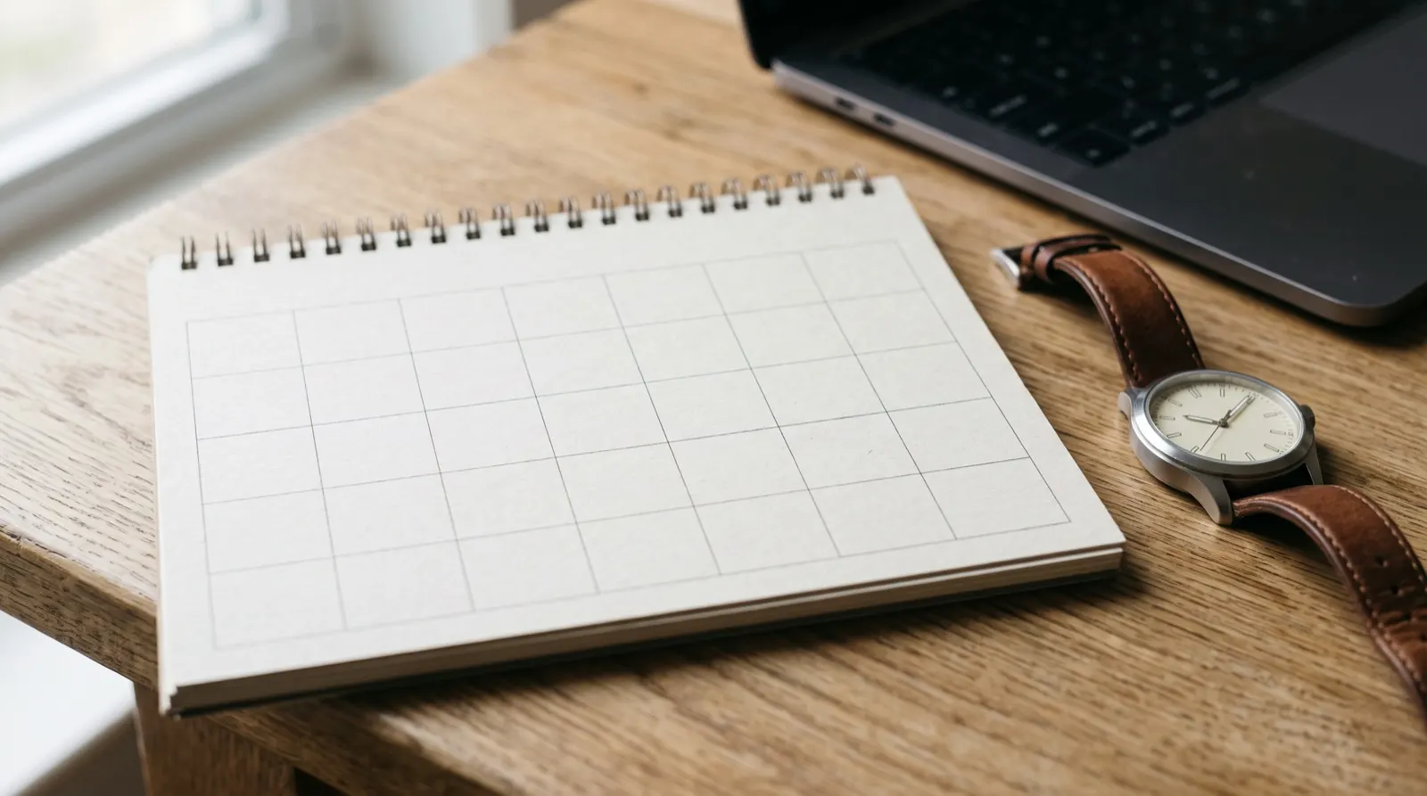 Calendario mensual sobre un escritorio junto a una laptop y anotaciones a mano