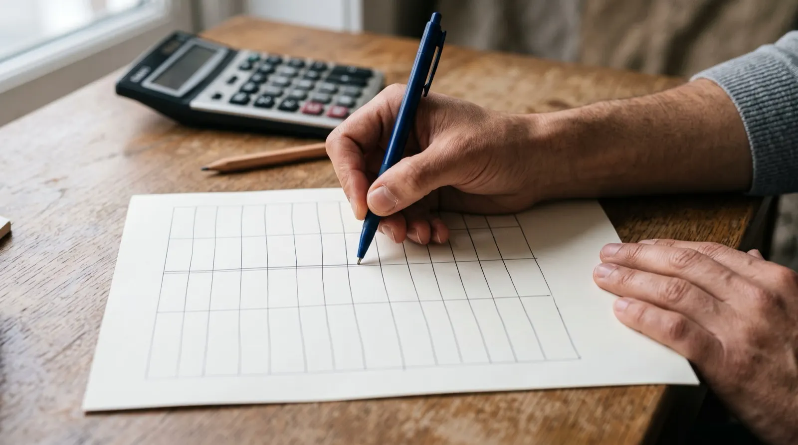 Profesional compara columnas de una tabla de categorías impresa sobre el escritorio